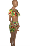 Multicolor Fashion Sexy Print Basic V Neck Short Sleeve Two Pieces