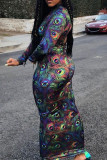 Multicolor Sexy Print O Neck Wrapped Skirt Dresses