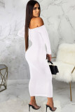 White Polyester Sexy Off The Shoulder Long Sleeves One word collar Swagger Ankle-Length Solid Patchwork L