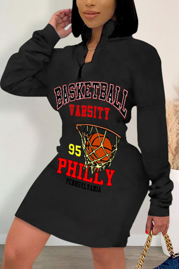 Black Casual Print V Neck Wrapped Skirt Dresses