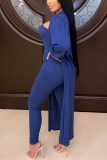 Tibetan Blue Casual Solid Split Joint Turndown Collar Long Sleeve Two Pieces