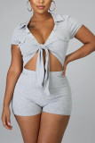 Light Blue Fashion Sexy Patchwork bandage Hollow Solid Short Sleeve V Neck Jumpsuits