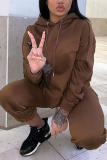 Coffee Casual Solid Patchwork Hooded Collar Long Sleeve Two Pieces