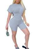 Light Blue Cotton Fashion Casual adult Ma'am Patchwork Solid Two Piece Suits pencil Short Sleeve Two Pieces