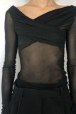 Black Street Solid Patchwork O Neck Mid Waist Tops