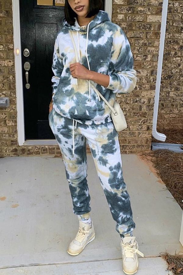 Black Green Casual Print Tie-dye Hooded Collar Long Sleeve Two Pieces