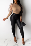 Red Sweet Patchwork Mesh Half A Turtleneck Tops