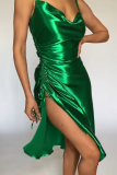 White Sexy Solid Patchwork Slit Spaghetti Strap Irregular Dress Dresses
