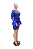 Color Blue Sexy Solid Hollowed Out Patchwork O Neck Pencil Skirt Dresses