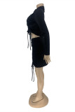 Black Fashion Sexy Solid Draw String Turndown Collar Long Sleeve Two Pieces