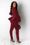 Wine Red Polyester Celebrities Fashion adult Stringy selvedge Patchwork Two Piece Suits ruffle Solid pencil L