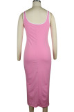 Pink Fashion Sexy adult Ma'am Red Black Pink Royal blue Tank Sleeveless Slip Step Skirt Ankle-Length Solid Dresses