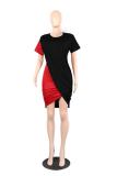 Red and black Polyester Casual adult Sexy Fashion Short Sleeves O neck Pleated Mini Solid Draped asymmetrical