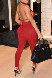 Red Fashion Sexy Solid Hollowed Out Backless Turtleneck Sleeveless Two Pieces