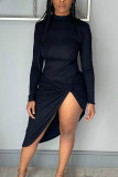Orange Fashion Sexy Solid Slit Turtleneck Long Sleeve Dress Dresses