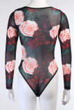 Black Sexy Vintage Print Floral Square Collar Regular Bodysuits