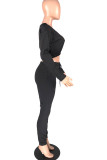 Black venetian Fashion Active adult Ma'am Solid Two Piece Suits Straight Long Sleeve Two Pieces