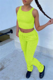 Fluorescent Green Casual Sportswear Solid Fold Pants O Neck Sleeveless Two Pieces