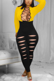 Yellow Sexy Solid Hollowed Out Patchwork See-through O Neck Regular Jumpsuits