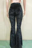 Black Polyester Elastic Fly High Solid Boot Cut Pants Bottoms