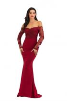 Red Polyester Sexy Fashion adult Off The Shoulder Long Sleeves One word collar Mermaid Floor-Length Soli