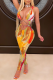 Yellow Sexy Print Patchwork Spaghetti Strap Skinny Jumpsuits