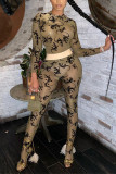 Brown Casual Print See-through O Neck Long Sleeve Two Pieces