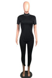 Pink Fashion Casual Solid Slit Beading Turtleneck Short Sleeve Two Pieces