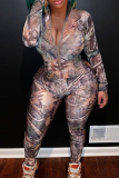 Tangerine Red Sexy Print Split Joint Zipper Collar Skinny Jumpsuits