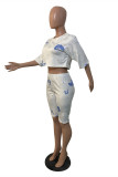 White Fashion Casual Print Basic O Neck Half Sleeve Two Pieces