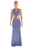 Blue Fashion Sexy Dot Print Backless Halter Sleeveless Two Pieces