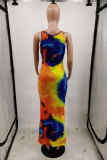Light Blue Fashion Sexy adult Orange purple Tank Sleeveless Square Swagger Ankle-Length Print Patchwork Tie and dye Dresses