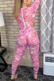 Pink Fashion Sexy Print Basic O Neck Long Sleeve Two Pieces
