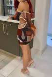 Red Sexy Print Patchwork Halter Pencil Skirt Dresses