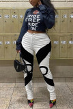 White Fashion Casual Print Basic Mid Waist Pencil Trousers
