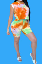 Orange Polyester Fashion Casual Print Tie Dye Two Piece Suits pencil Sleeveless Two Pieces