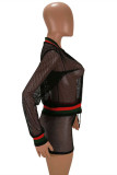 Black Fashion Sexy Patchwork Hollowed Out See-through Zipper Collar Long Sleeve Two Pieces