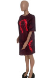 Red Fashion Casual Print Basic O Neck T-shirt Dress