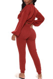 Wine Red Fashion Casual Adult Nylon Solid Ripped O Neck Long Sleeve Regular Sleeve Short Two Pieces