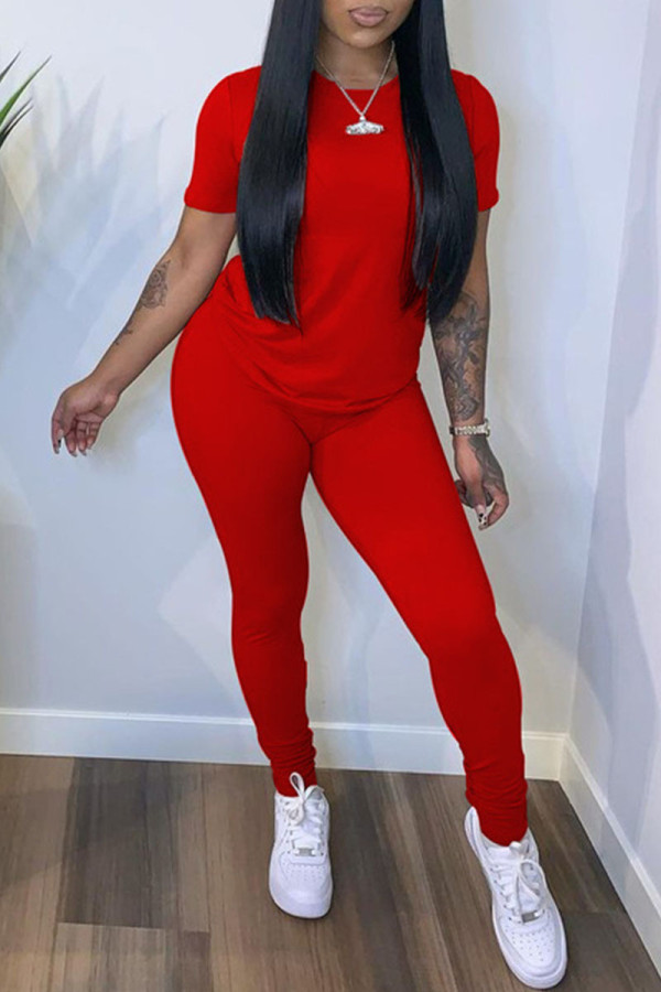 Red Casual Solid Patchwork O Neck Short Sleeve Two Pieces