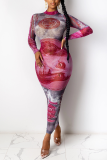 Pink Sexy Print Split Joint Half A Turtleneck Wrapped Skirt Dresses