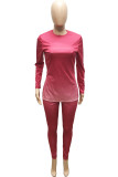 Pink Elegant Gradual Change Print O Neck Long Sleeve Two Pieces
