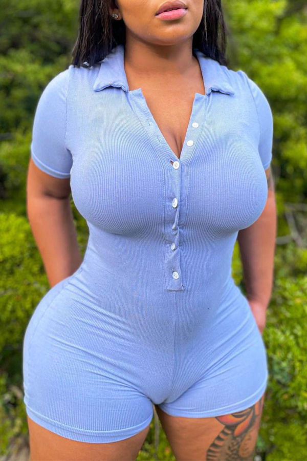 Light Blue Casual Solid Patchwork Turndown Collar Skinny Rompers