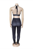 Green Fashion Sexy Patchwork Hollowed Out Backless Halter Sleeveless Two Pieces