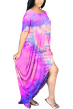 Deep pink Milk. Fashion adult Ma'am Street Cap Sleeve Short Sleeves O neck Princess Dress Floor-Length Print Tie and dye asymmetrical Dresses