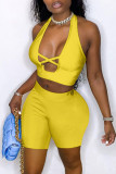 Pink Fashion Sexy Solid Hollowed Out Backless Halter Sleeveless Two Pieces