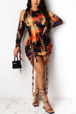multicolor Sexy Spandex Milk Fiber Patchwork Print Patchwork Frenulum O Neck Long Sleeve Mini Wrapped Skirt Dresses