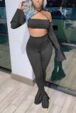Black Casual Solid Bandage Backless Strapless Long Sleeve Two Pieces