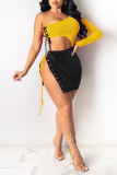 Pink Fashion Sexy Patchwork Backless Strap Design One Shoulder Long Sleeve Dresses
