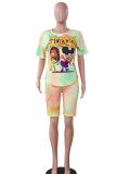 Yellow venetian Fashion Casual adult Ma'am Patchwork Print Character Tie Dye Two Piece Suits pencil Short Sleeve Two Pieces